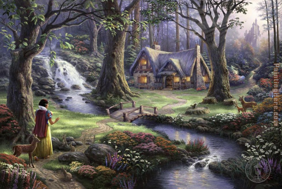 Snow White discovers the cottage painting - Thomas Kinkade Snow White discovers the cottage art painting